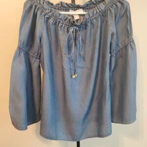 Michael Kors Long Sleeve Off Shoulder Blue Chambray Blouse Top Size Small